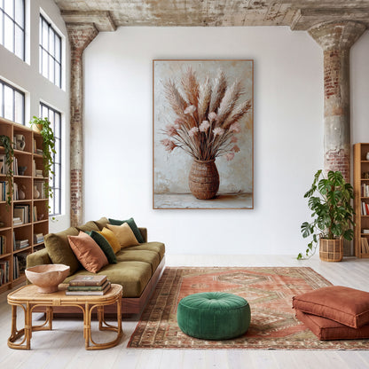 Blush Pampas Rattan Bouquet Boho wall art in a warm boho-style room – pampas grass plumes and blush pink blooms