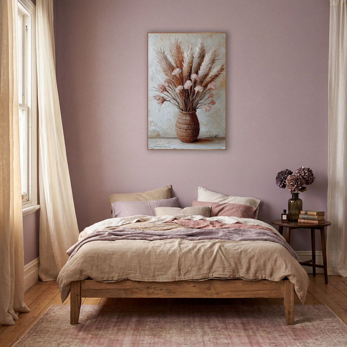 Blush Pampas Rattan Bouquet Boho wall art in a warm boho-style room – pampas grass plumes and blush pink blooms