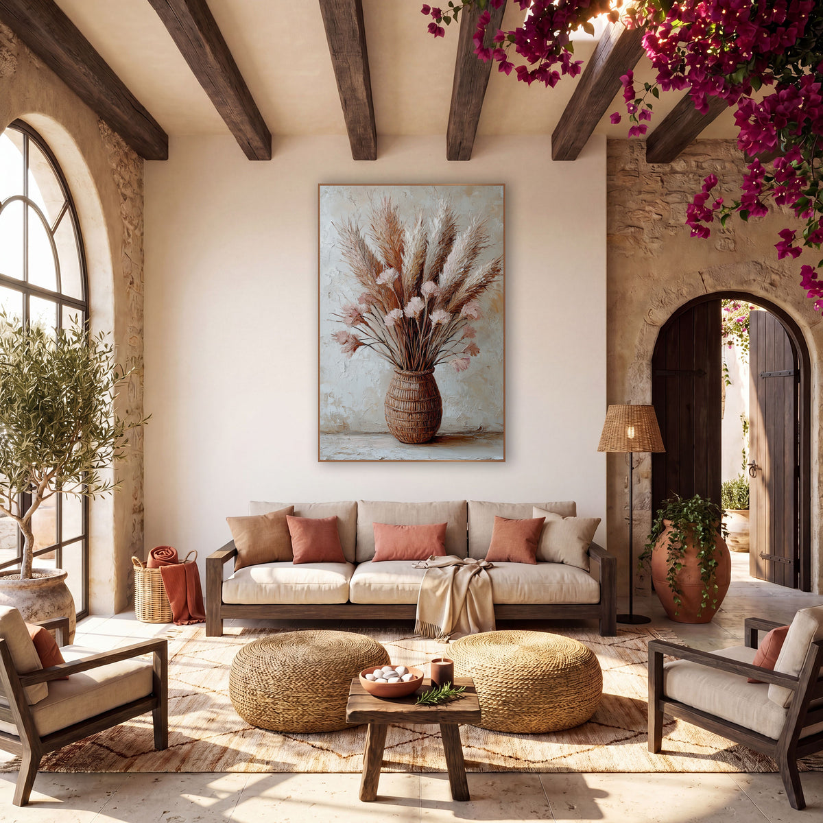 Blush Pampas Rattan Bouquet Boho wall art in a warm boho-style room – pampas grass plumes and blush pink blooms