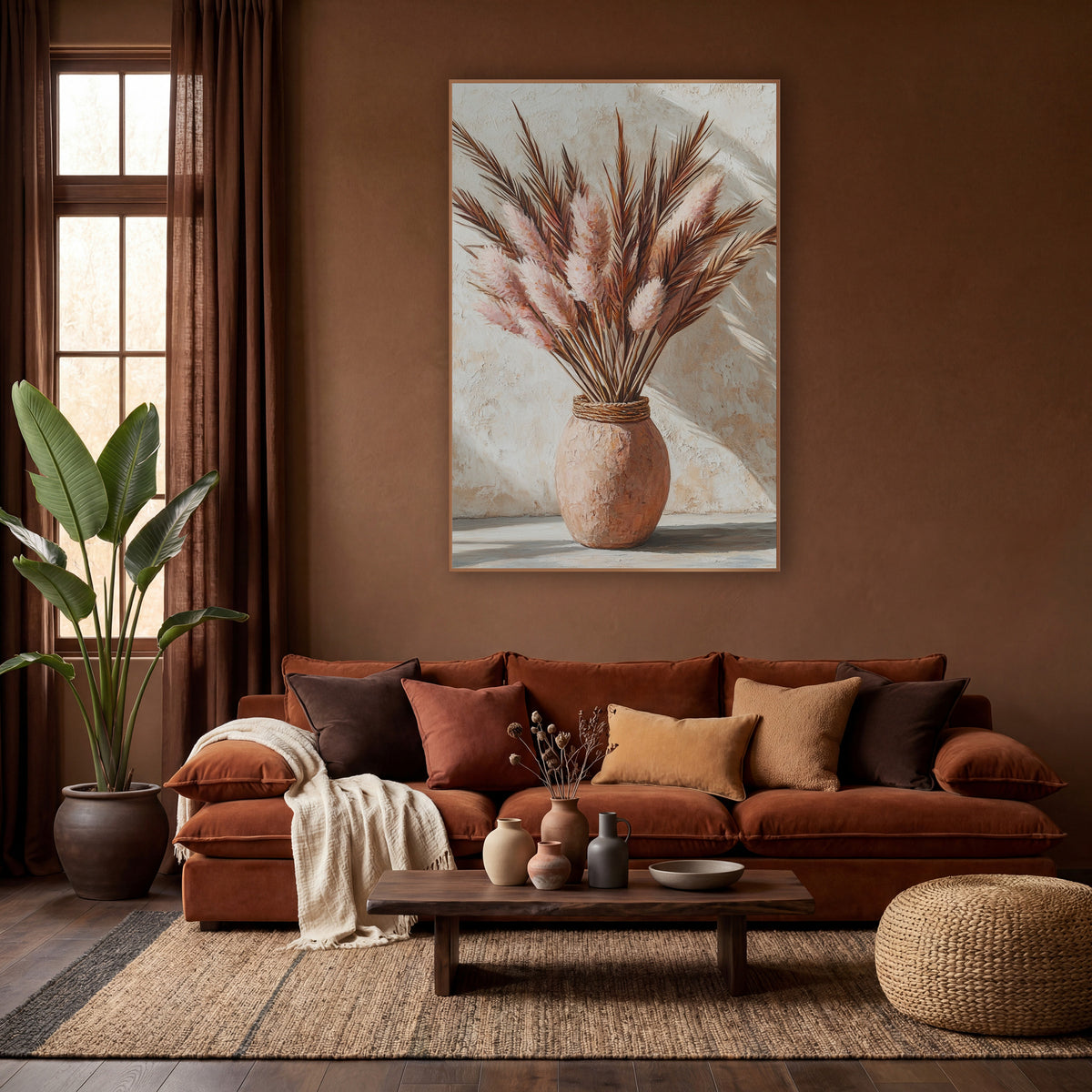Blush Pampas Spears Boho Still Life wall art in a warm boho-style room – blush pink pampas plumes and brown palm