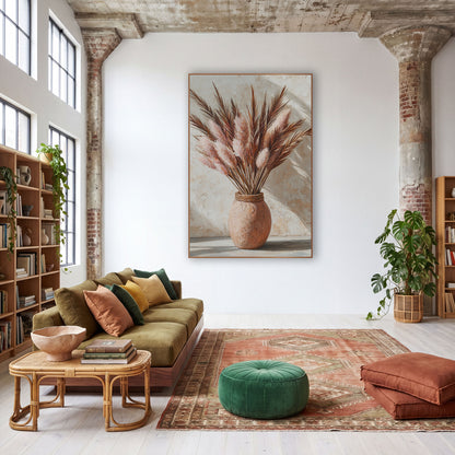 Blush Pampas Spears Boho Still Life wall art in a warm boho-style room – blush pink pampas plumes and brown palm