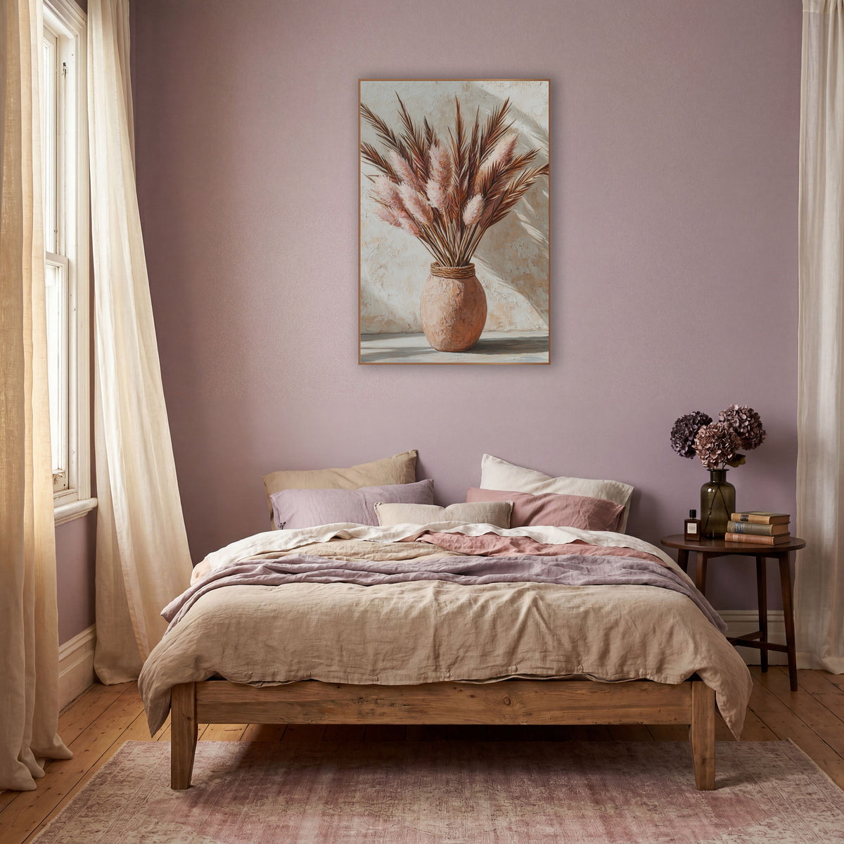 Blush Pampas Spears Boho Still Life wall art in a warm boho-style room – blush pink pampas plumes and brown palm