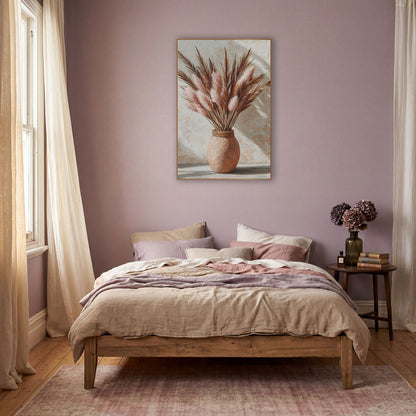 Blush Pampas Spears Boho Still Life wall art in a warm boho-style room – blush pink pampas plumes and brown palm