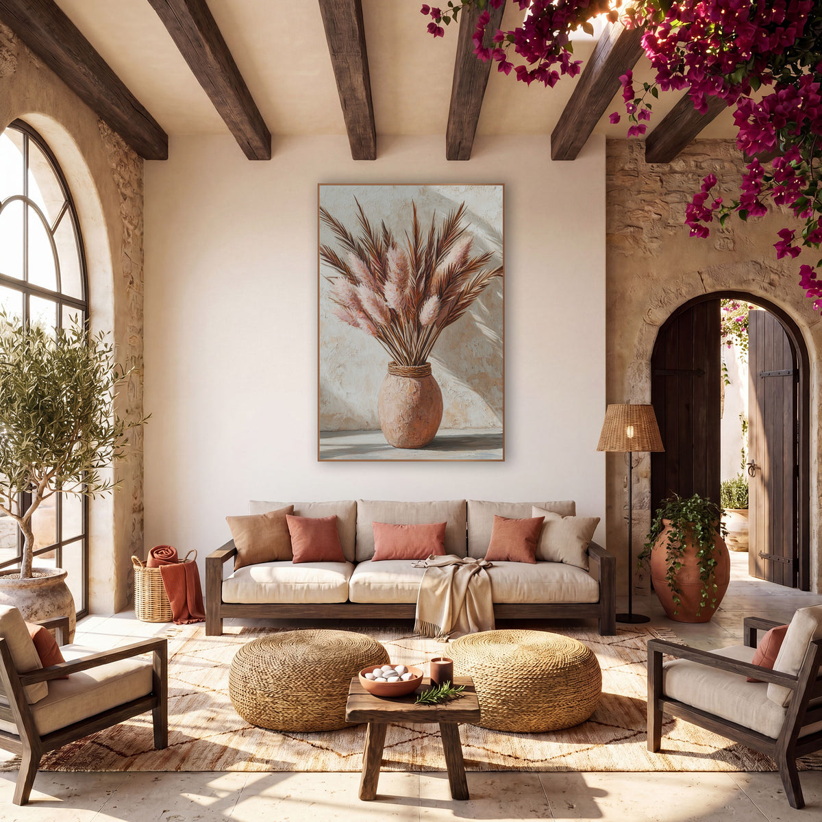 Blush Pampas Spears Boho Still Life wall art in a warm boho-style room – blush pink pampas plumes and brown palm