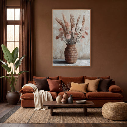 Blush Palm Spears Boho Still Life wall art in a warm boho-style room – dried palm spears and blush fan-shaped blooms