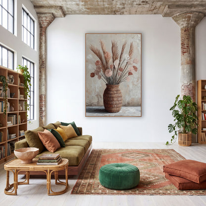 Blush Palm Spears Boho Still Life wall art in a warm boho-style room – dried palm spears and blush fan-shaped blooms