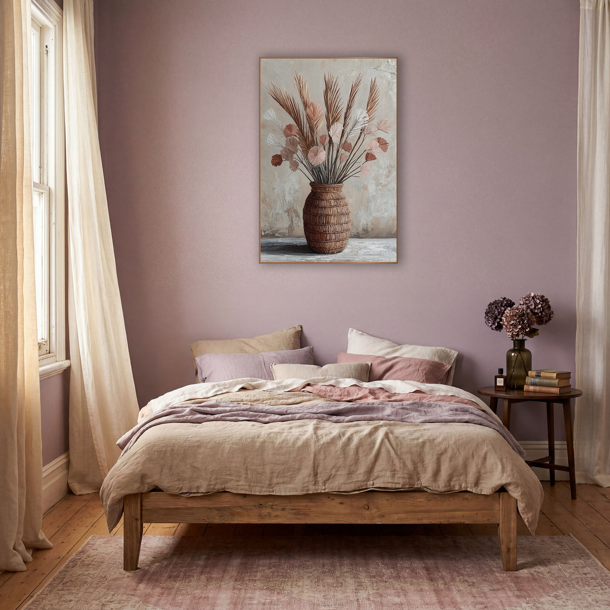 Blush Palm Spears Boho Still Life wall art in a warm boho-style room – dried palm spears and blush fan-shaped blooms