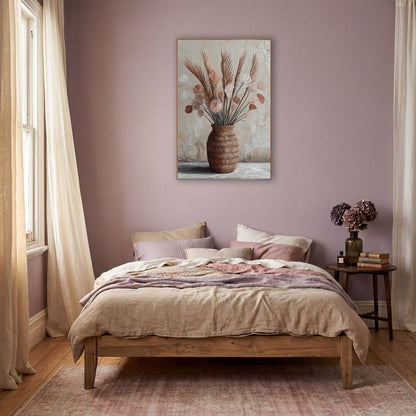 Blush Palm Spears Boho Still Life wall art in a warm boho-style room – dried palm spears and blush fan-shaped blooms