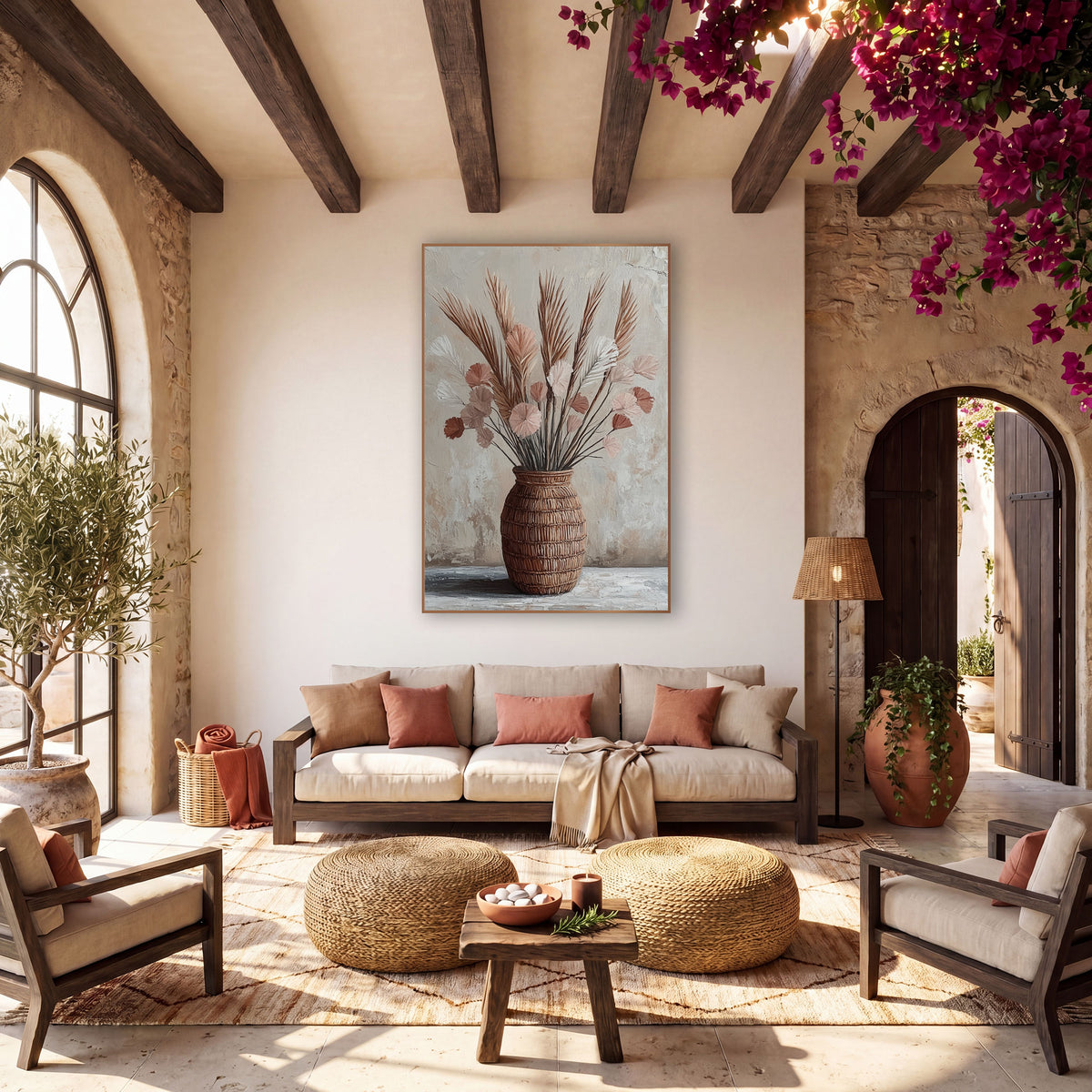 Blush Palm Spears Boho Still Life wall art in a warm boho-style room – dried palm spears and blush fan-shaped blooms