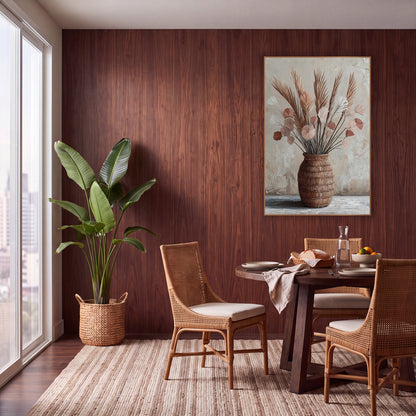 Blush Palm Spears Boho Still Life wall art in a warm boho-style room – dried palm spears and blush fan-shaped blooms