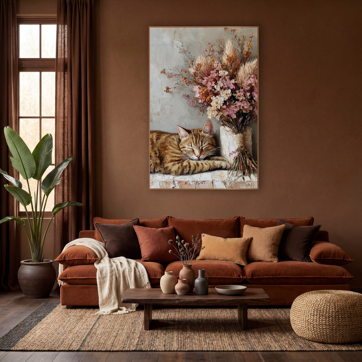 Sleeping Tabby Dried Floral Bouquet wall art in a warm boho-style room – orange tabby cat sleeping on a stone ledge
