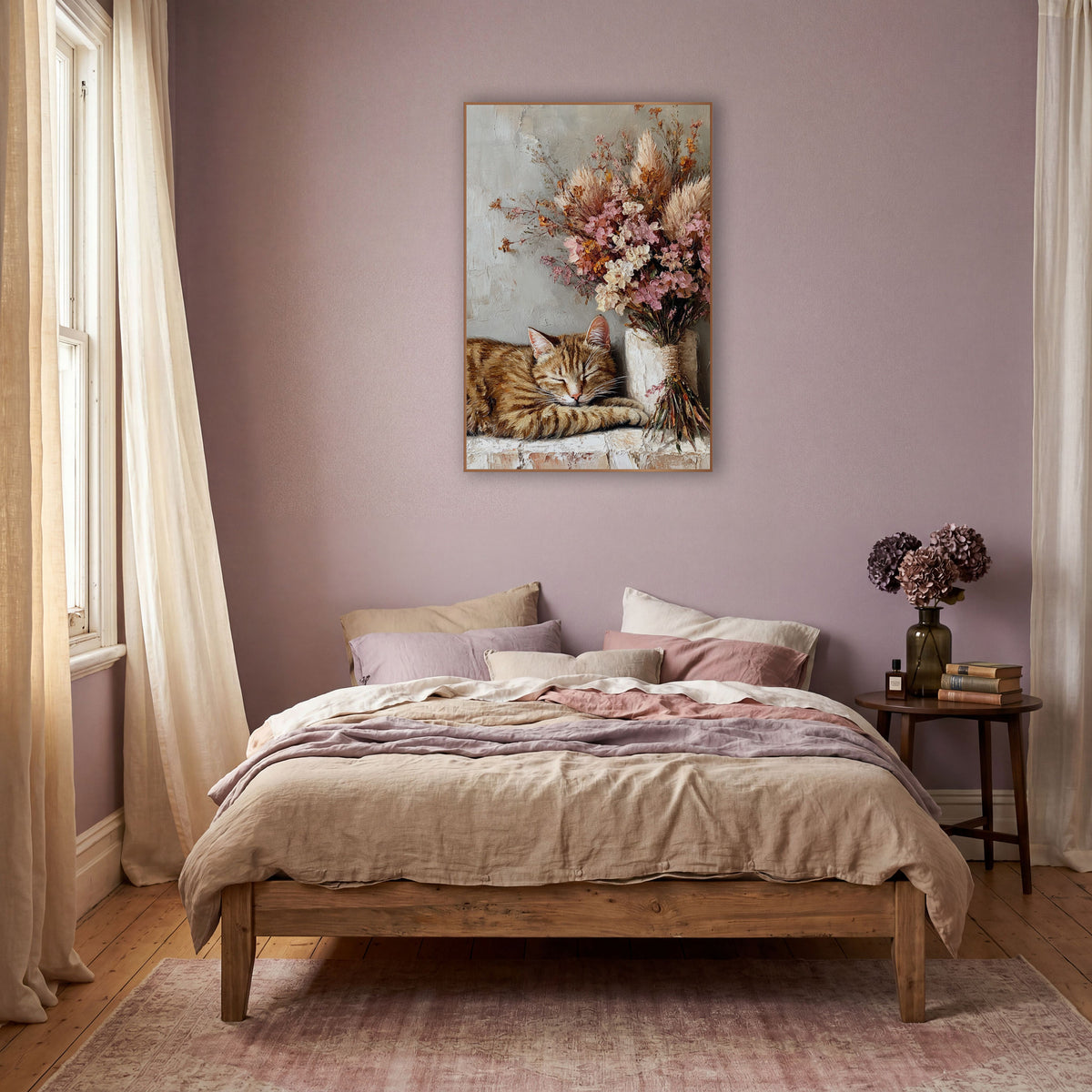 Sleeping Tabby Dried Floral Bouquet wall art in a warm boho-style room – orange tabby cat sleeping on a stone ledge
