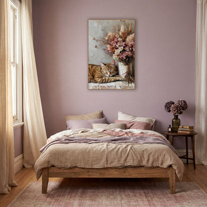 Sleeping Tabby Dried Floral Bouquet wall art in a warm boho-style room – orange tabby cat sleeping on a stone ledge