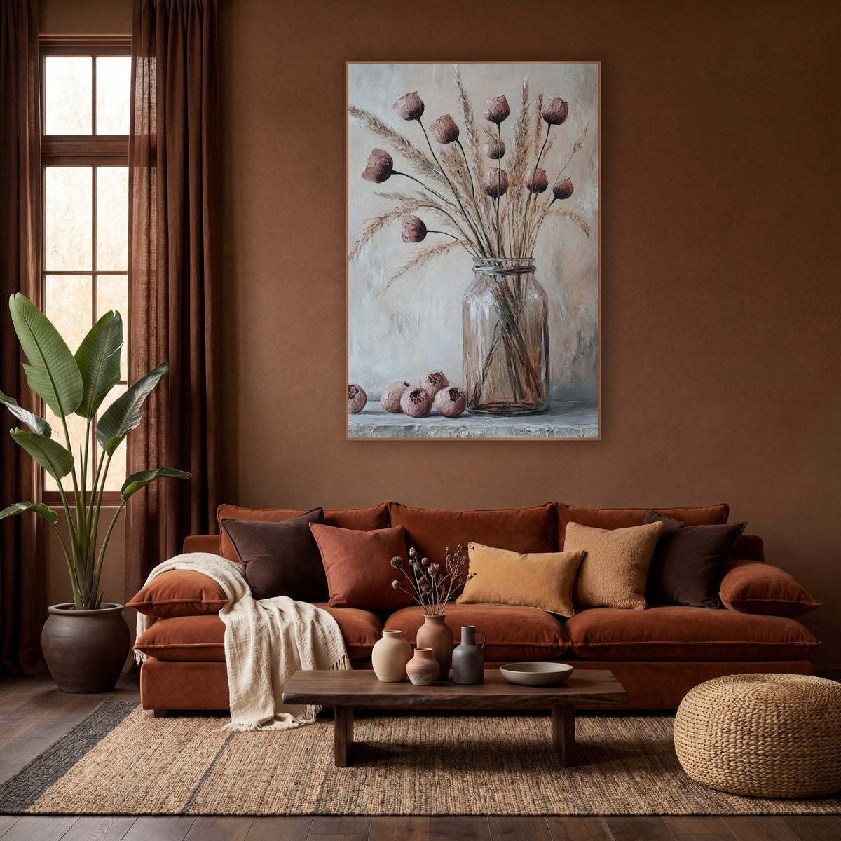 Dried Pod Grass Bouquet Boho wall art in a warm boho-style room – dusty rose dried pods and tan grasses in a clear