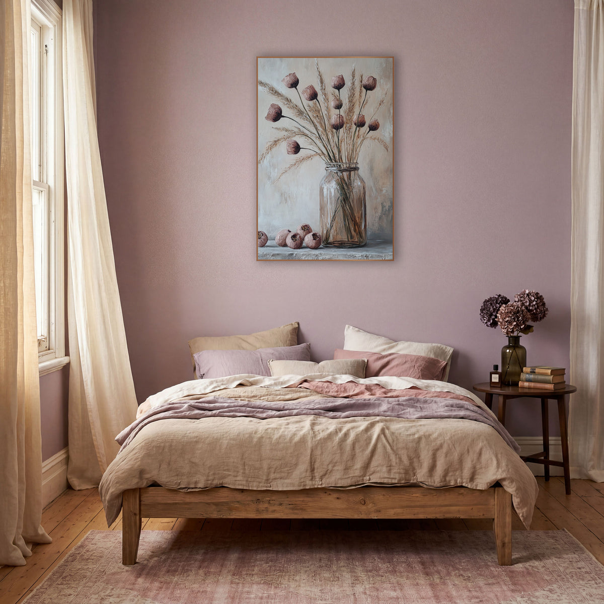 Dried Pod Grass Bouquet Boho wall art in a warm boho-style room – dusty rose dried pods and tan grasses in a clear