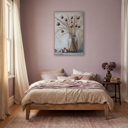 Dried Pod Grass Bouquet Boho wall art in a warm boho-style room – dusty rose dried pods and tan grasses in a clear