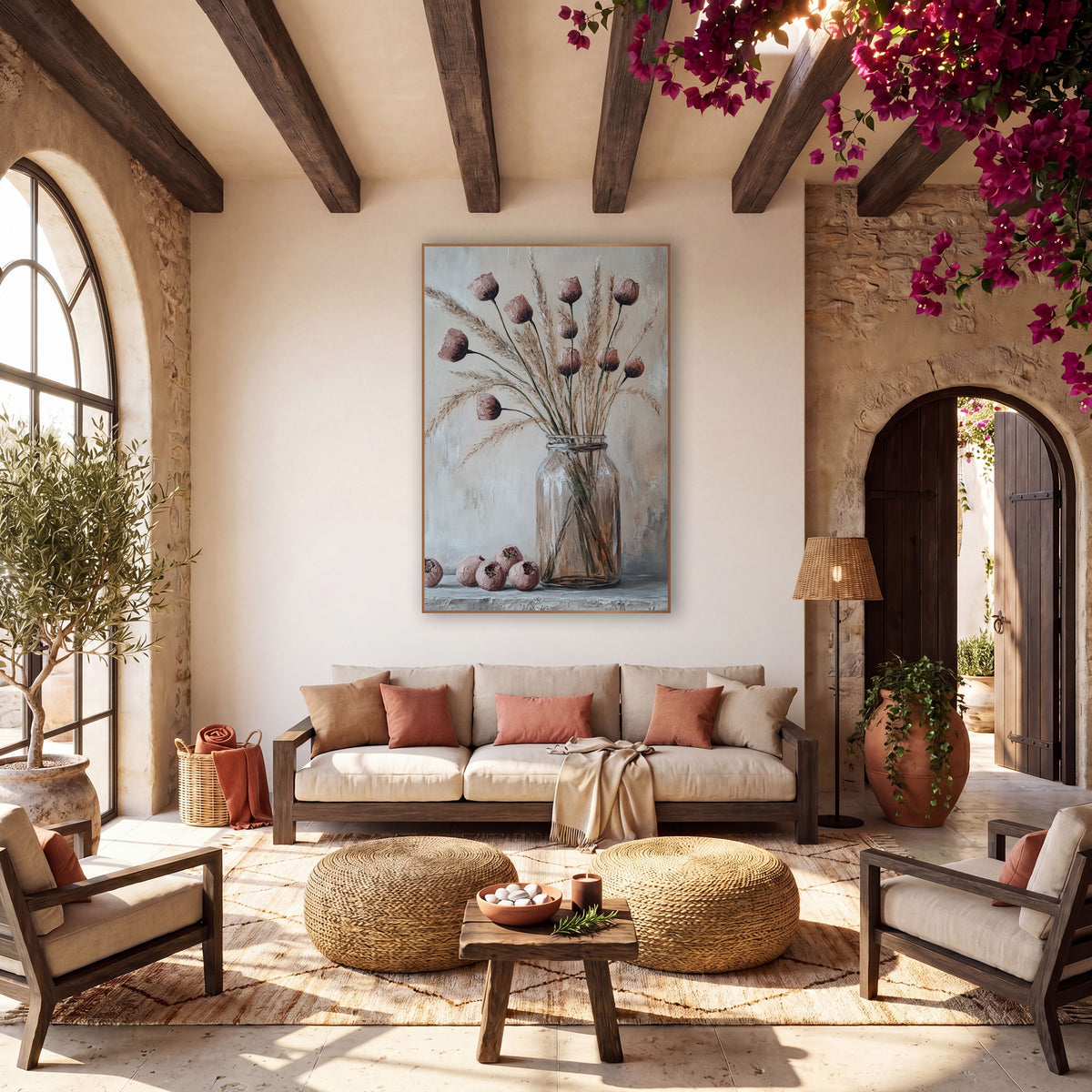 Dried Pod Grass Bouquet Boho wall art in a warm boho-style room – dusty rose dried pods and tan grasses in a clear