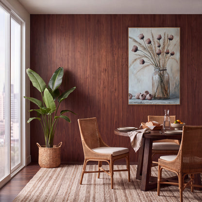 Dried Pod Grass Bouquet Boho wall art in a warm boho-style room – dusty rose dried pods and tan grasses in a clear