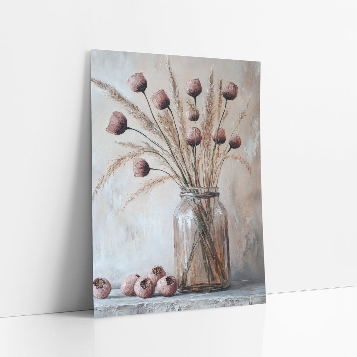 Dried Pod Grass Bouquet Boho art print leaning against a white wall – dusty rose dried pods and tan grasses in a clear glass