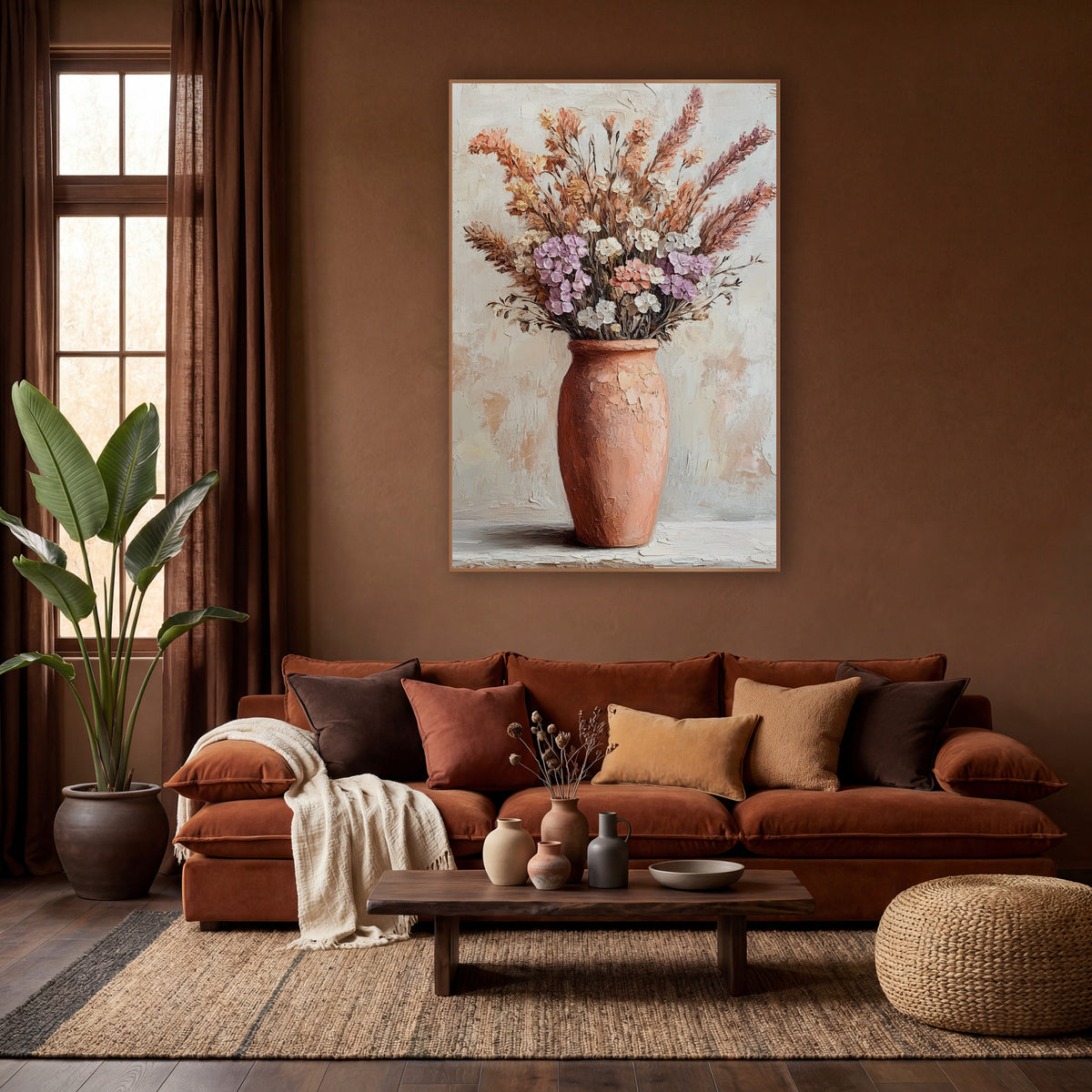 Lilac Terracotta Urn Floral Boho wall art in a warm boho-style room – tall terracotta vase holding peach and rose
