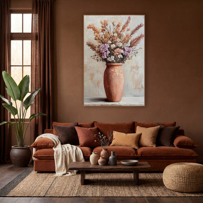 Lilac Terracotta Urn Floral Boho wall art in a warm boho-style room – tall terracotta vase holding peach and rose