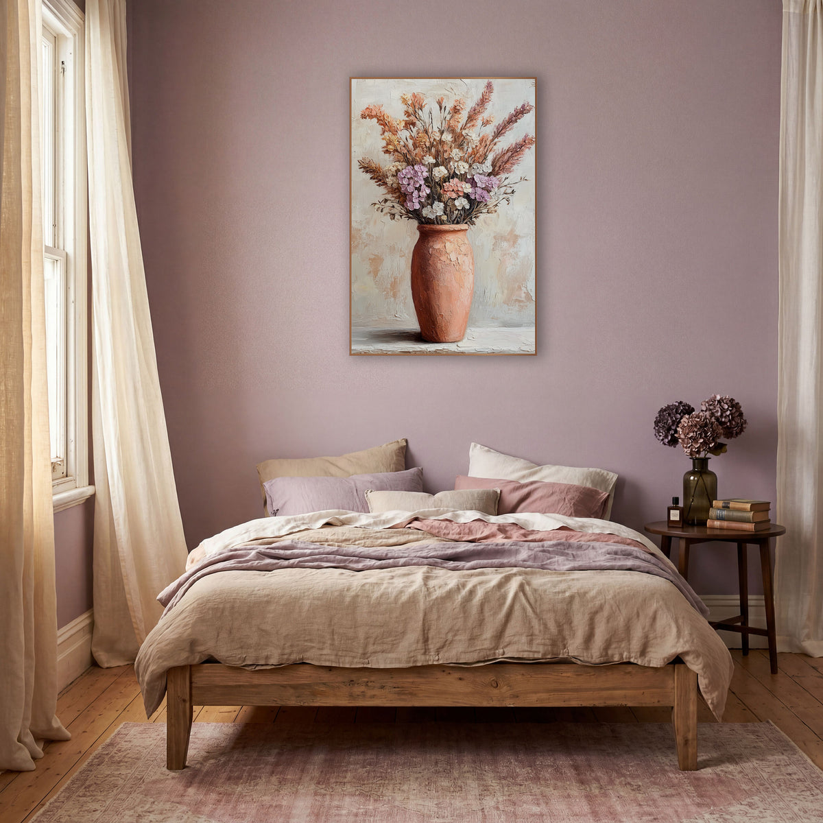 Lilac Terracotta Urn Floral Boho wall art in a warm boho-style room – tall terracotta vase holding peach and rose