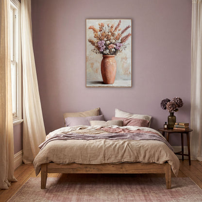 Lilac Terracotta Urn Floral Boho wall art in a warm boho-style room – tall terracotta vase holding peach and rose