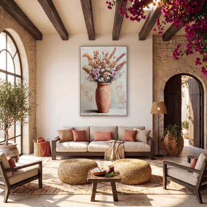 Lilac Terracotta Urn Floral Boho wall art in a warm boho-style room – tall terracotta vase holding peach and rose