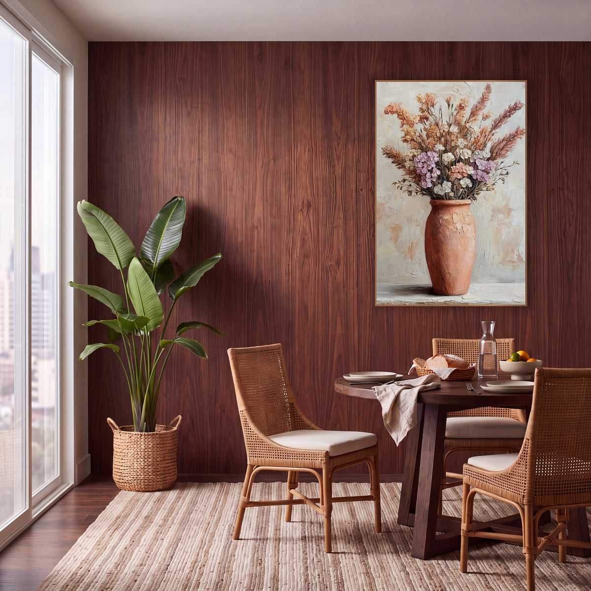 Lilac Terracotta Urn Floral Boho wall art in a warm boho-style room – tall terracotta vase holding peach and rose