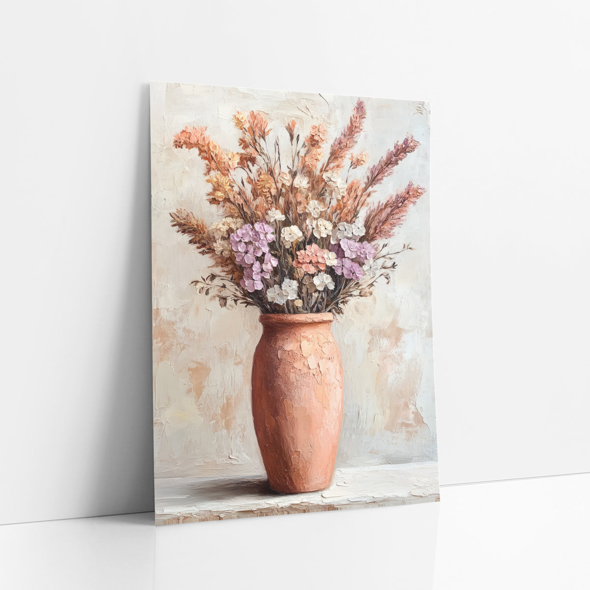 Lilac Terracotta Urn Floral Boho art print leaning against a white wall – tall terracotta vase holding peach and rose flower