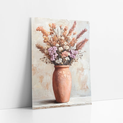 Lilac Terracotta Urn Floral Boho art print leaning against a white wall – tall terracotta vase holding peach and rose flower