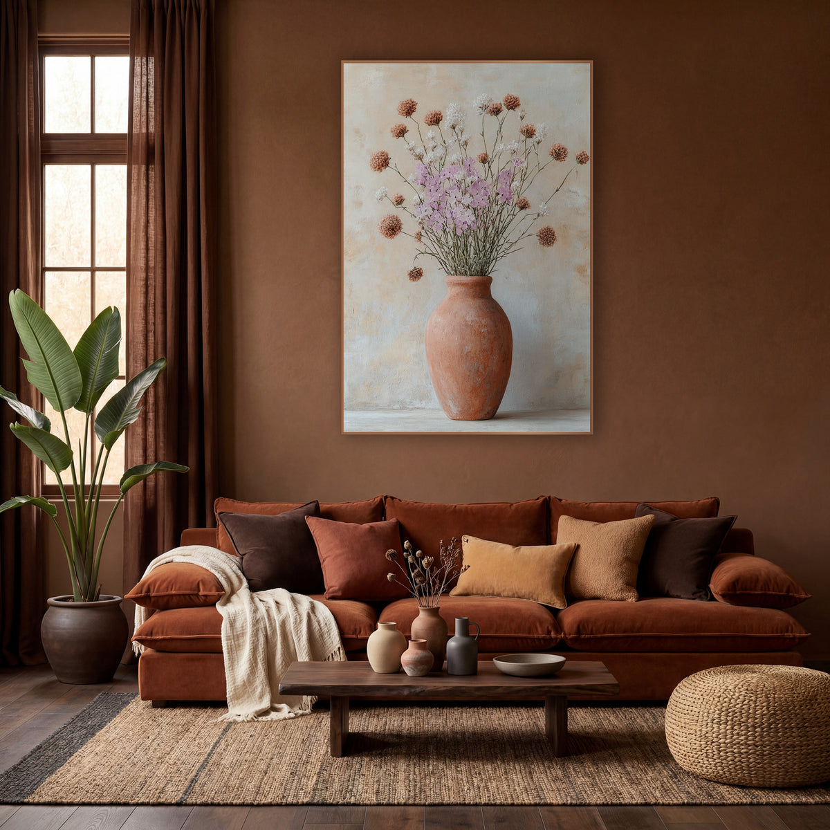 Terracotta Vase Wildflower Boho wall art in a warm boho-style room – tall terracotta vase with lilac, white