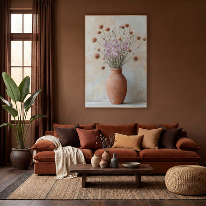 Terracotta Vase Wildflower Boho wall art in a warm boho-style room – tall terracotta vase with lilac, white