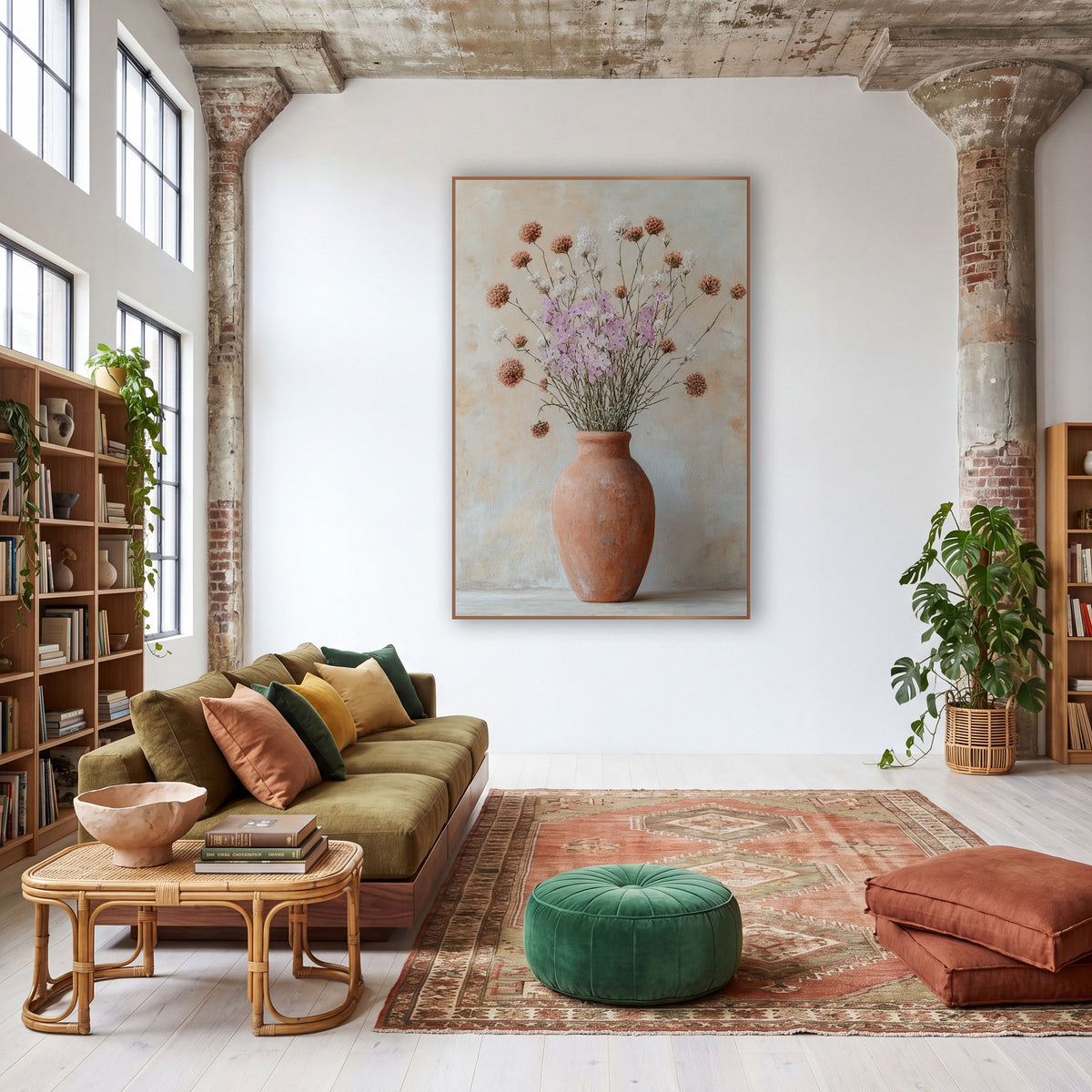 Terracotta Vase Wildflower Boho wall art in a warm boho-style room – tall terracotta vase with lilac, white