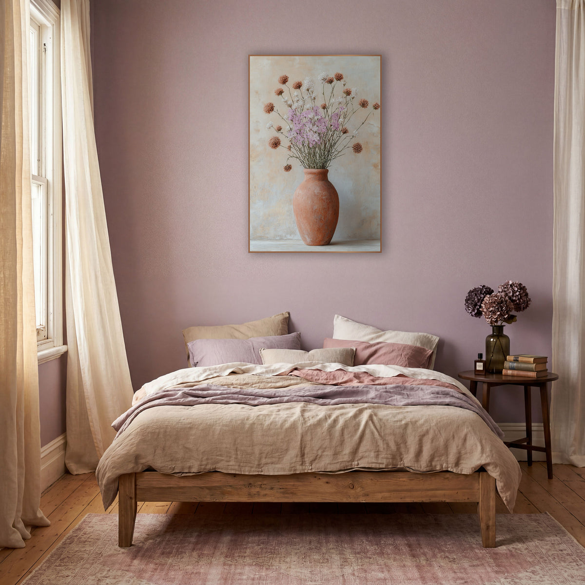 Terracotta Vase Wildflower Boho wall art in a warm boho-style room – tall terracotta vase with lilac, white