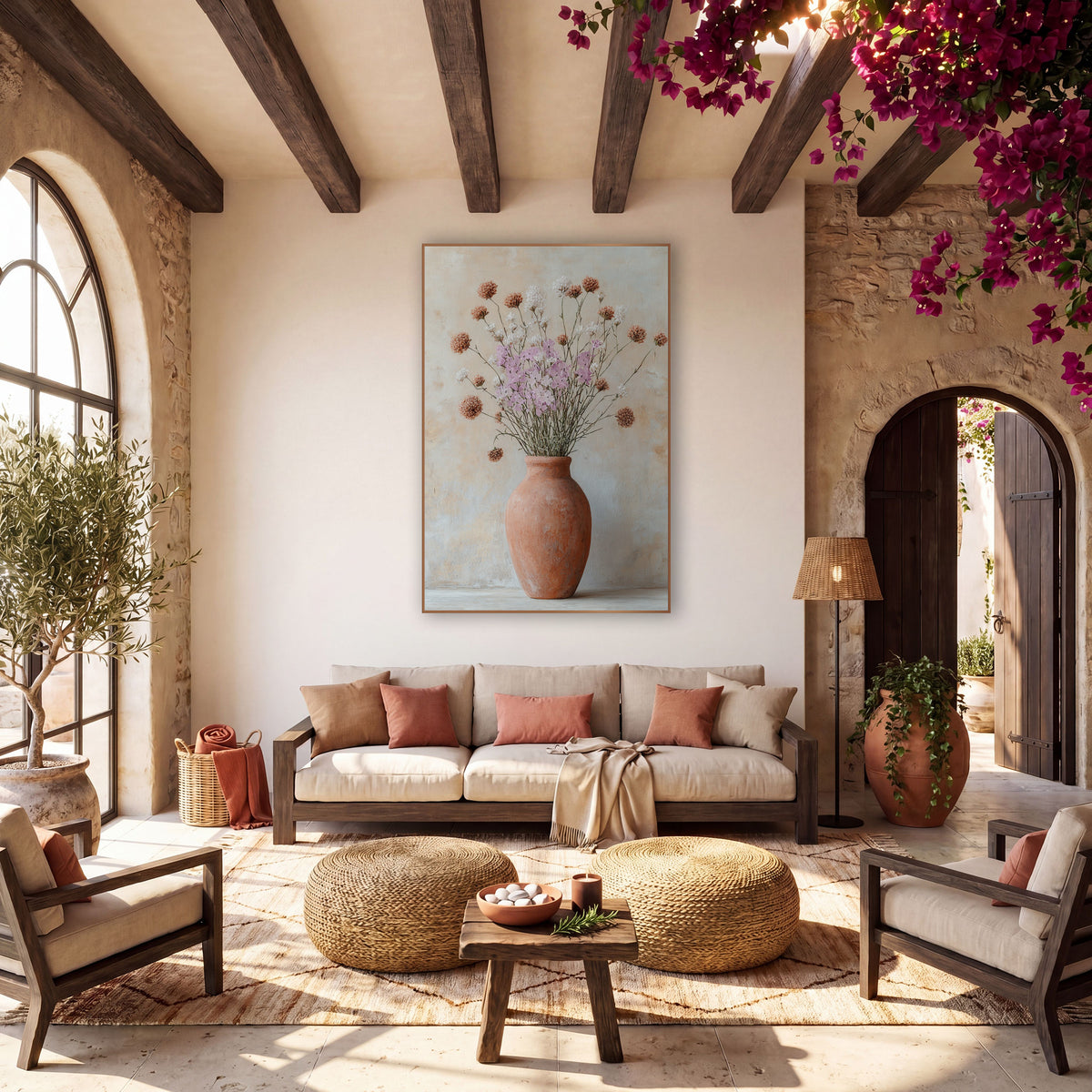 Terracotta Vase Wildflower Boho wall art in a warm boho-style room – tall terracotta vase with lilac, white