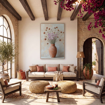 Terracotta Vase Wildflower Boho wall art in a warm boho-style room – tall terracotta vase with lilac, white