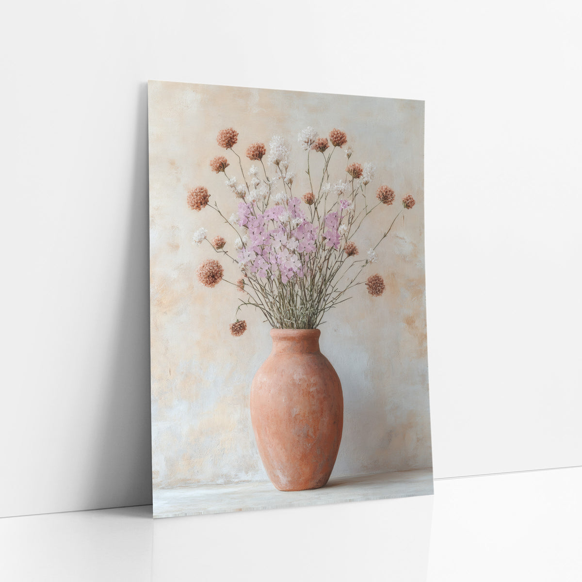 Terracotta Vase Wildflower Boho art print leaning against a white wall – tall terracotta vase with lilac, white
