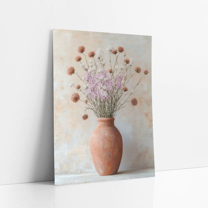 Terracotta Vase Wildflower Boho art print leaning against a white wall – tall terracotta vase with lilac, white