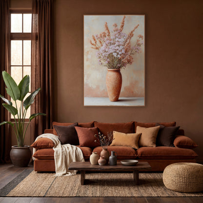 Blush Dried Flower Terracotta Vase wall art in a warm boho-style room – tall terracotta vase holding pale pink