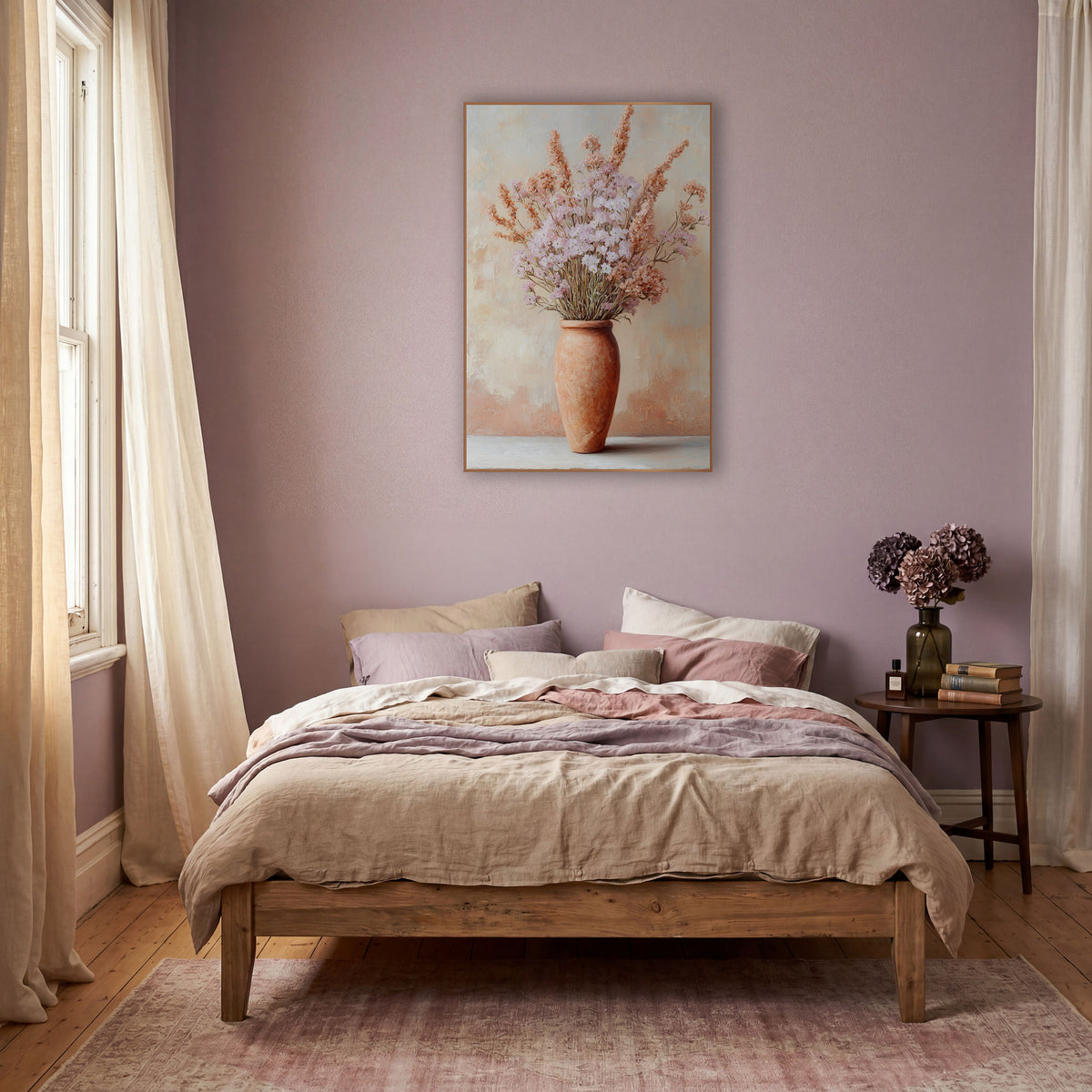 Blush Dried Flower Terracotta Vase wall art in a warm boho-style room – tall terracotta vase holding pale pink