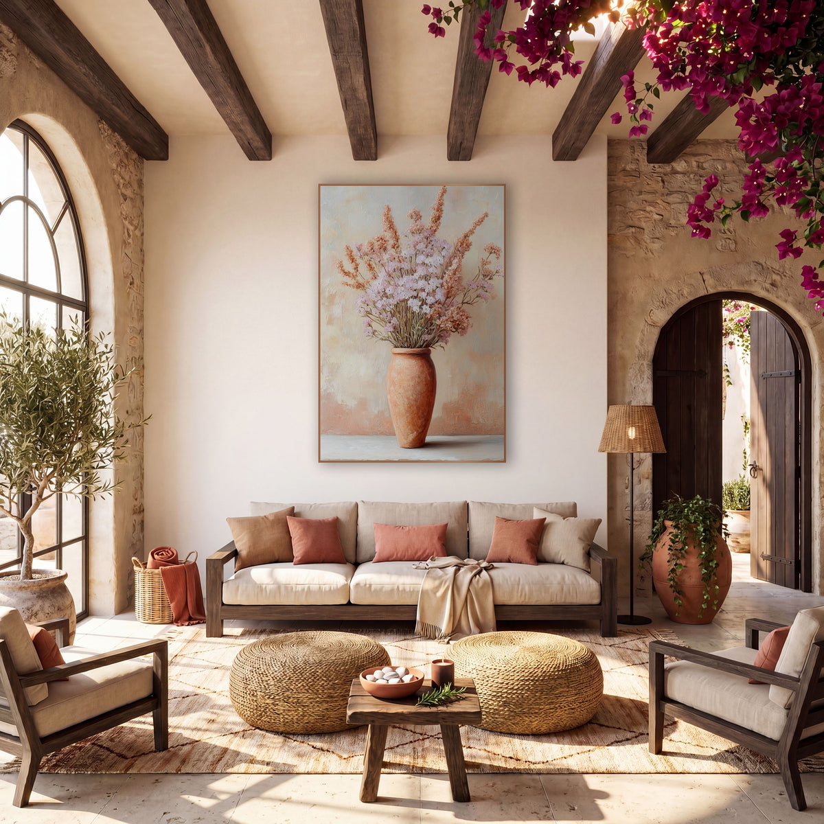 Blush Dried Flower Terracotta Vase wall art in a warm boho-style room – tall terracotta vase holding pale pink