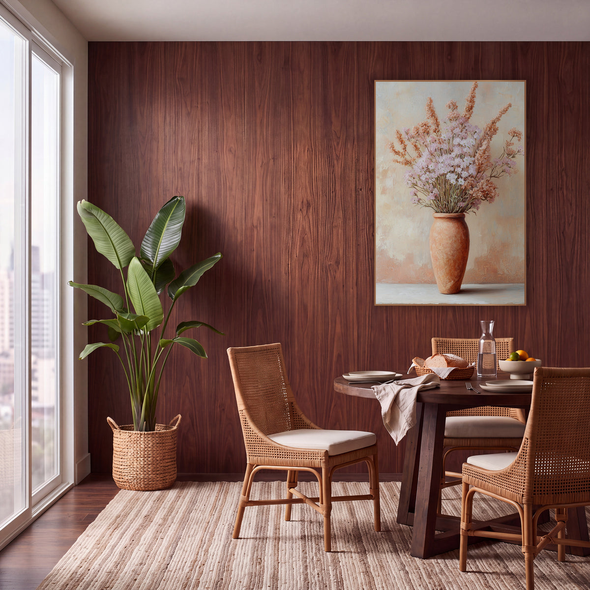 Blush Dried Flower Terracotta Vase wall art in a warm boho-style room – tall terracotta vase holding pale pink