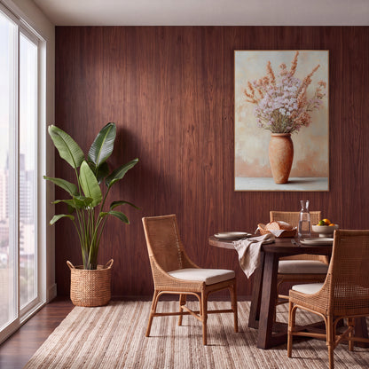 Blush Dried Flower Terracotta Vase wall art in a warm boho-style room – tall terracotta vase holding pale pink
