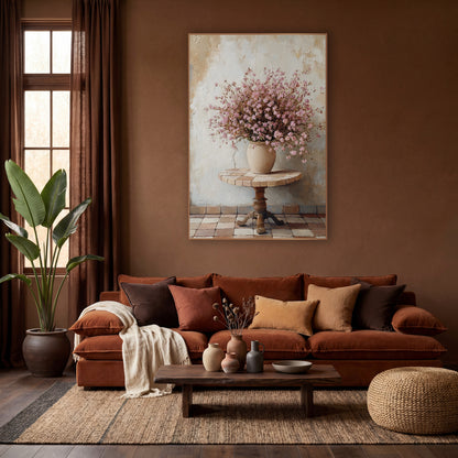 Pink Blossom Bouquet Still Life wall art in a warm boho-style room – bouquet of small pink flowers in a cream vase