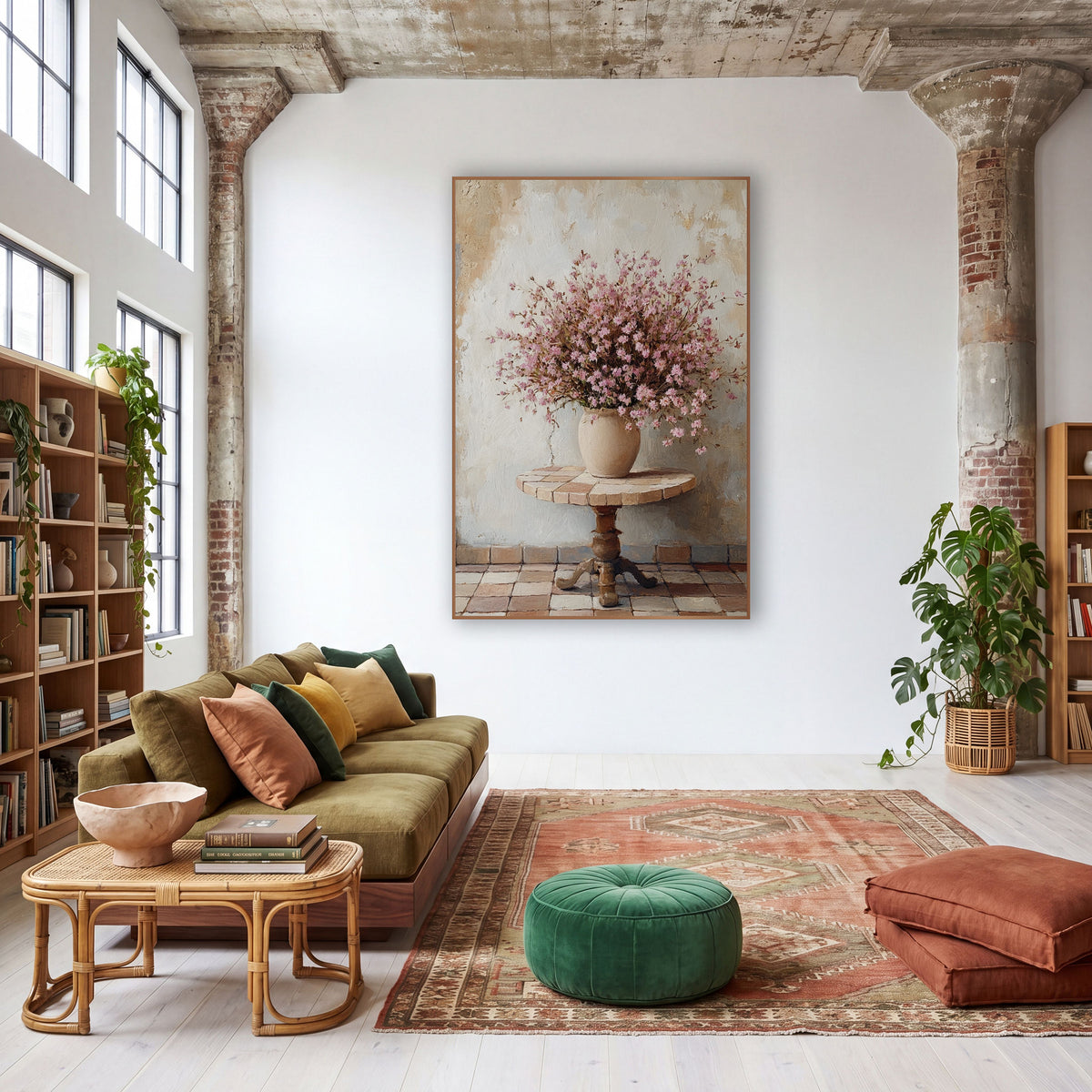 Pink Blossom Bouquet Still Life wall art in a warm boho-style room – bouquet of small pink flowers in a cream vase