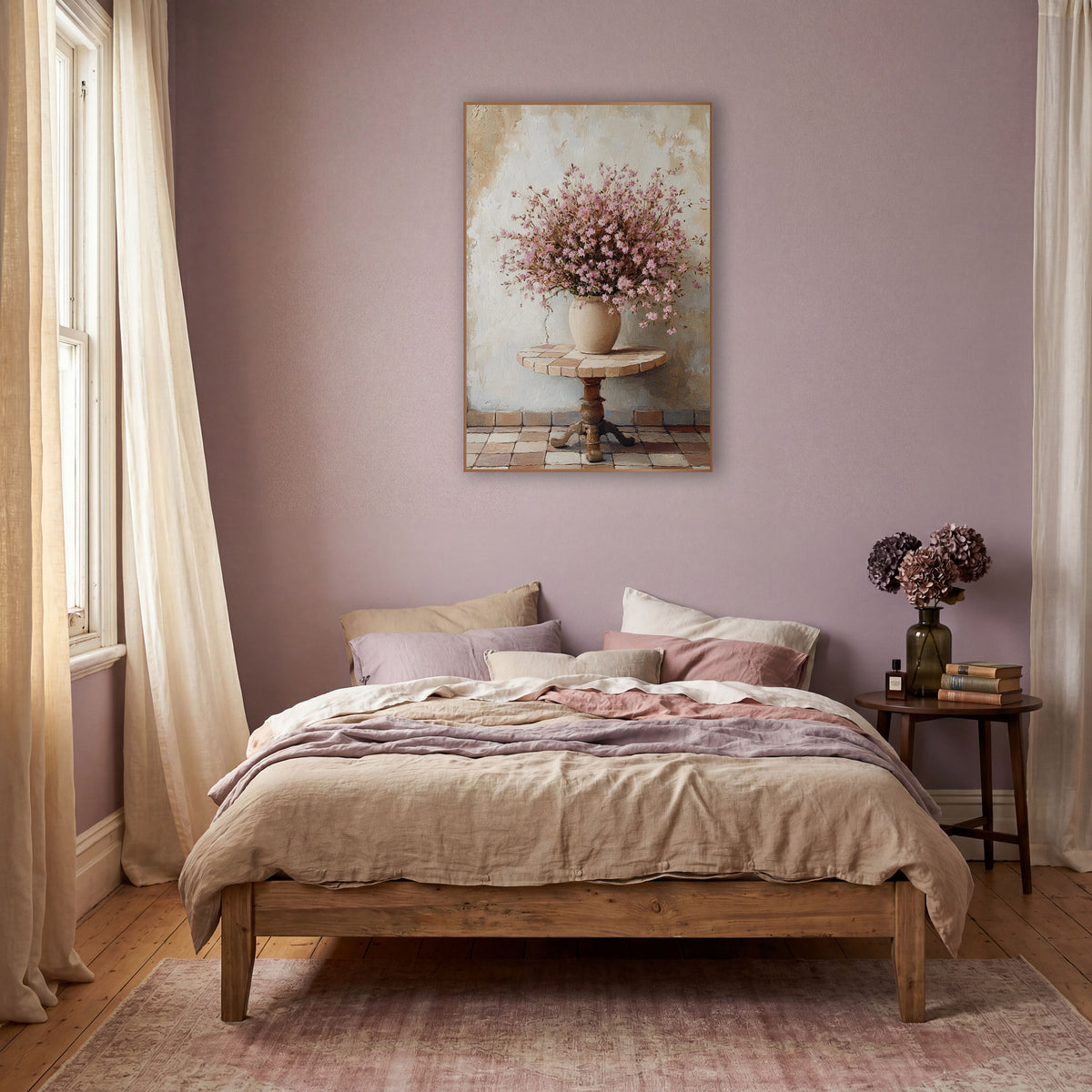 Pink Blossom Bouquet Still Life wall art in a warm boho-style room – bouquet of small pink flowers in a cream vase