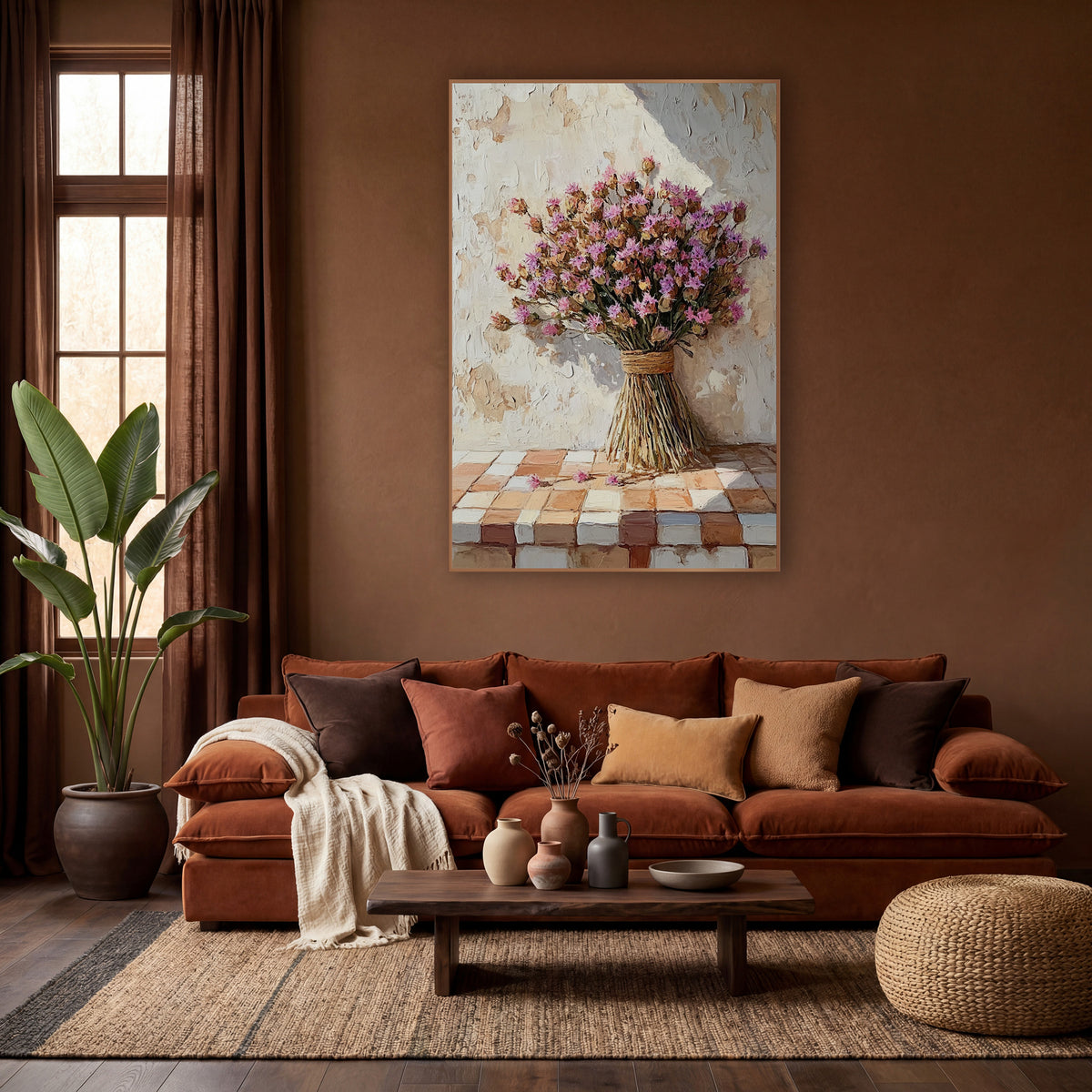 Pink Statice Tiled Ledge Boho wall art in a warm boho-style room – bouquet of dried pink and lilac flowers tied