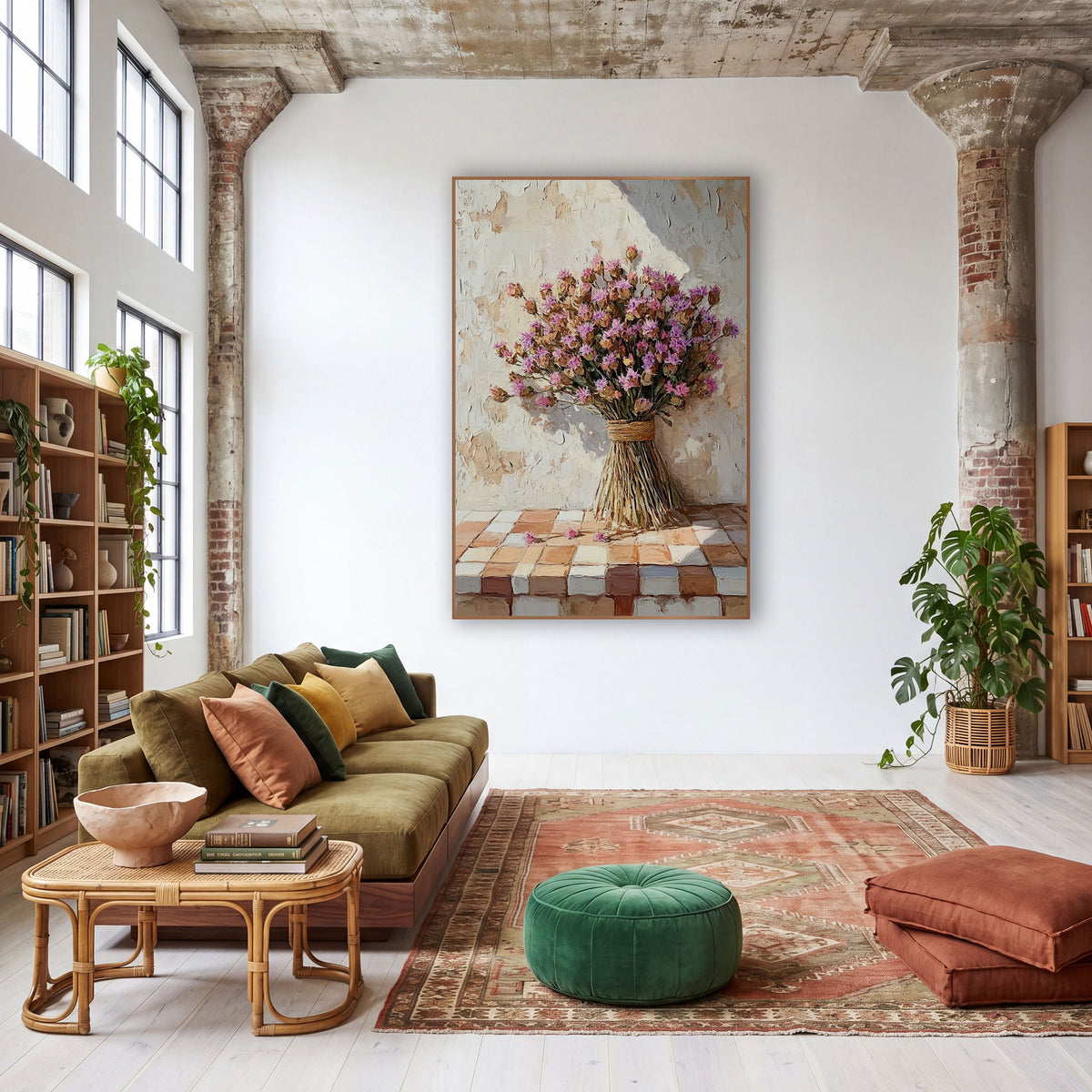 Pink Statice Tiled Ledge Boho wall art in a warm boho-style room – bouquet of dried pink and lilac flowers tied
