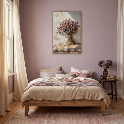 Pink Statice Tiled Ledge Boho wall art in a warm boho-style room – bouquet of dried pink and lilac flowers tied